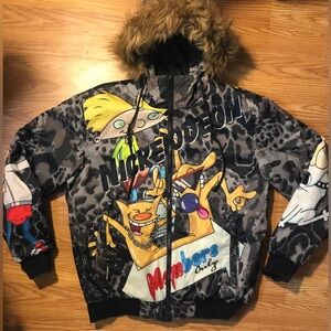Members Only x Nickelodeon Catdog Arnold Logo Winter Jacket Mens S Faux Fur Hood